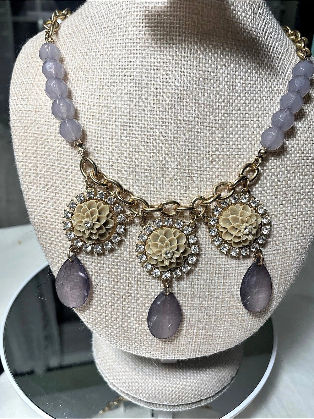 Lia Sophia Floral Pendant Statement Necklace in Gold & Purple monogrammed charm